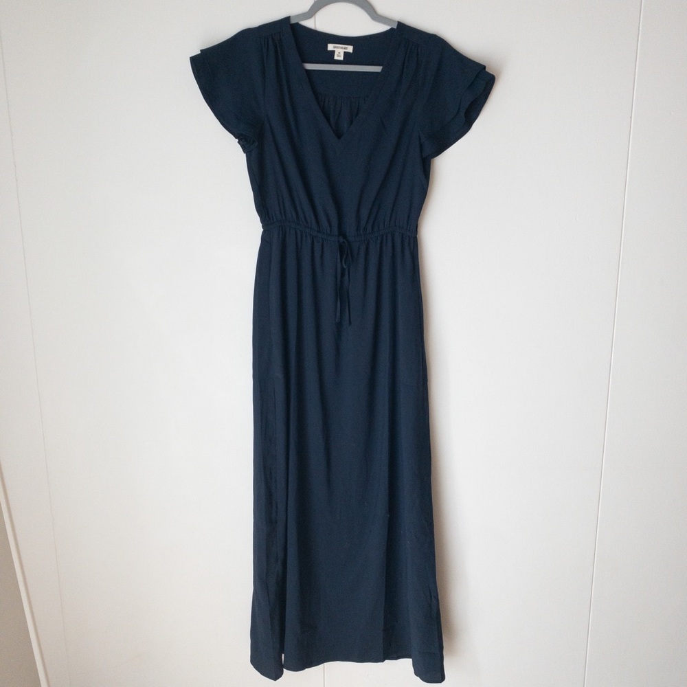Navy Ruffle-Sleeve Maxi Dress
